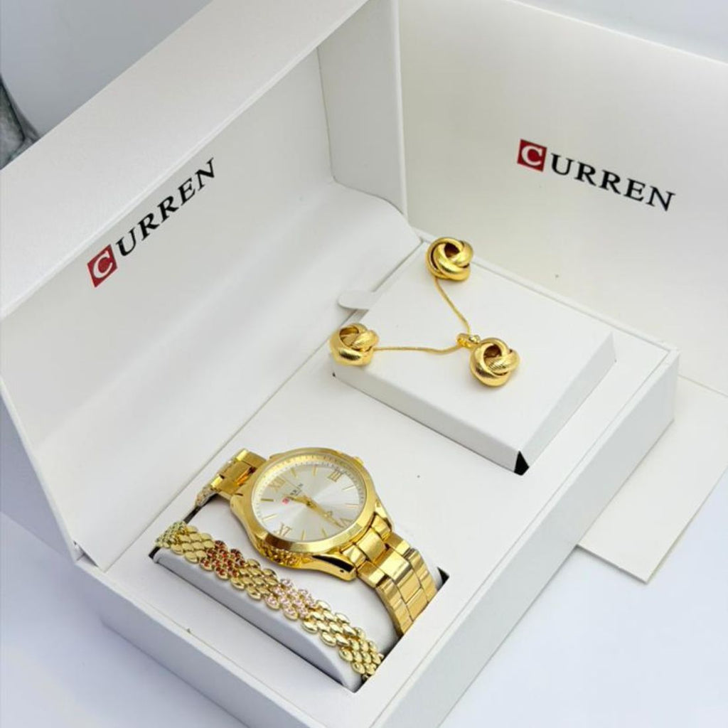 Coffret Curren – Montre dorée chiffres romains, collier torsadé, boucles d'oreilles et bracelet strass