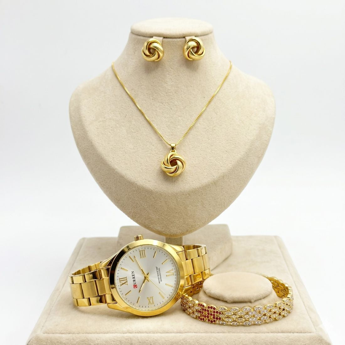 Coffret Curren – Montre dorée chiffres romains, collier torsadé, boucles d'oreilles et bracelet strass