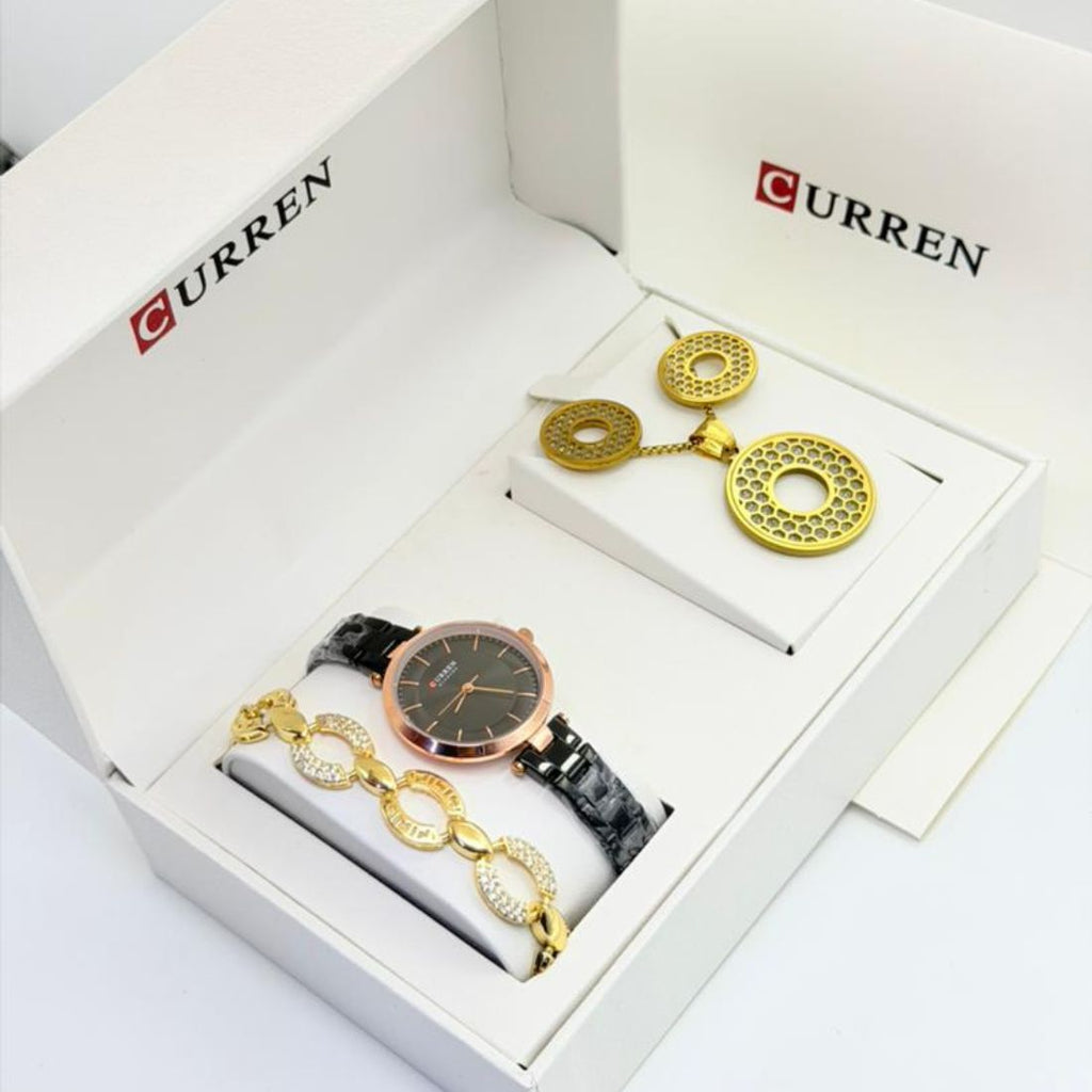 Coffret Curren – Montre noire or rose, collier disque, boucles d'oreilles et bracelet dorés