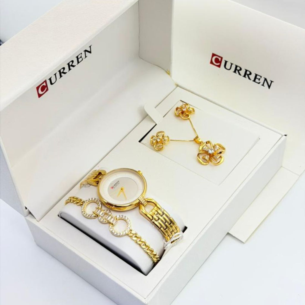 Coffret Curren – Montre quartz, collier fleur, boucles d'oreilles et bracelet dorés