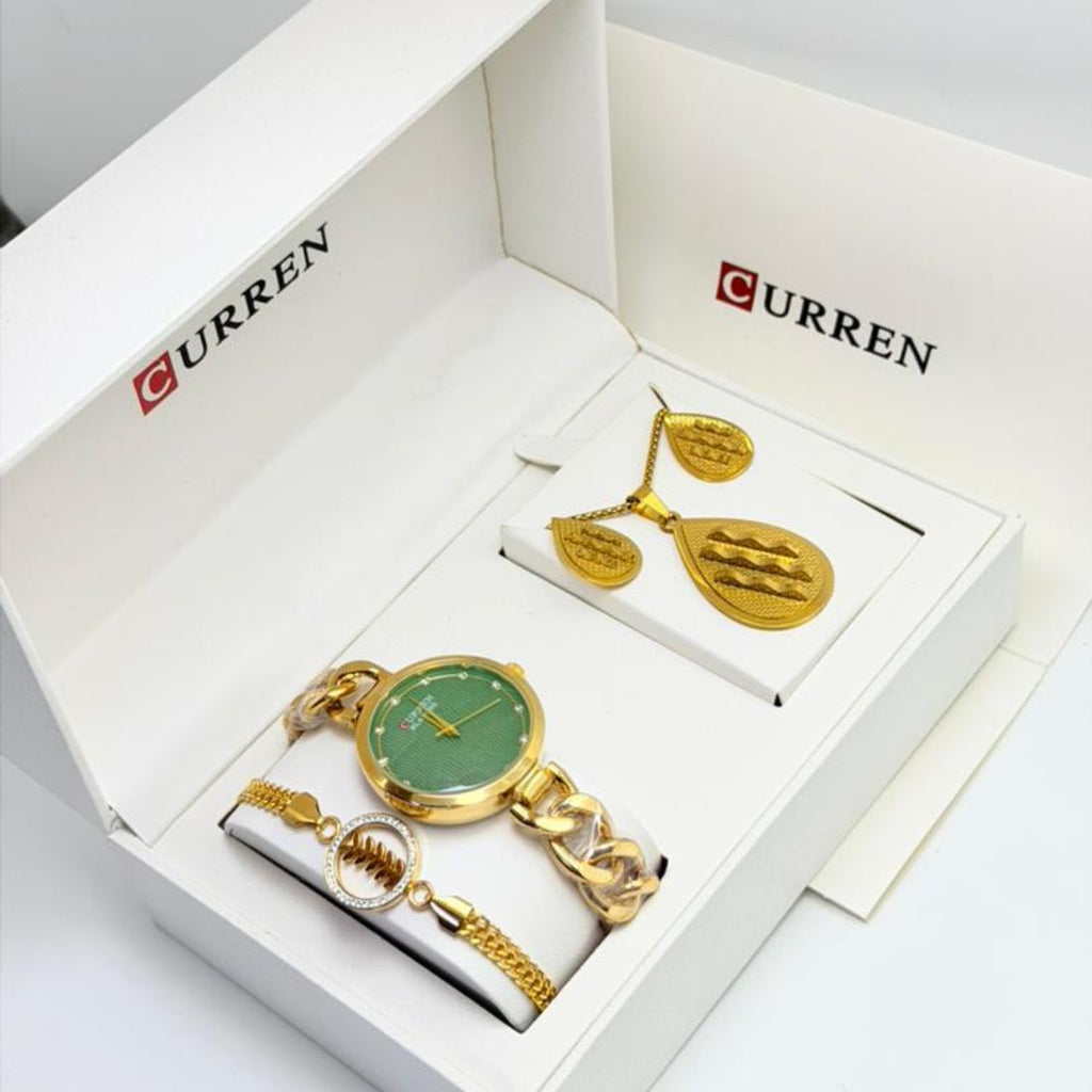 Coffret Curren – Montre verte, collier, boucles d'oreilles et bracelet dorés