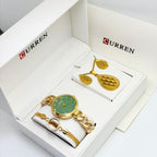Coffret Curren – Montre verte, collier, boucles d'oreilles et bracelet dorés