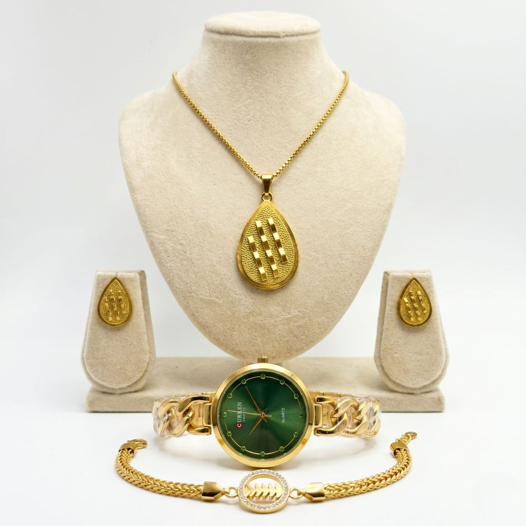 Coffret Curren – Montre verte, collier, boucles d'oreilles et bracelet dorés