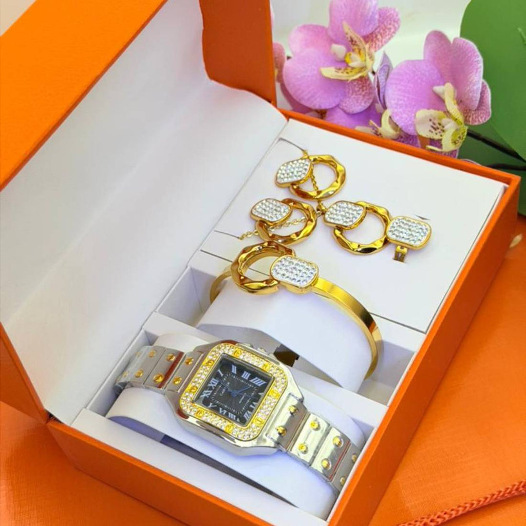 Coffret Parure Cartier Santos - montre et bijoux or .bicolore
