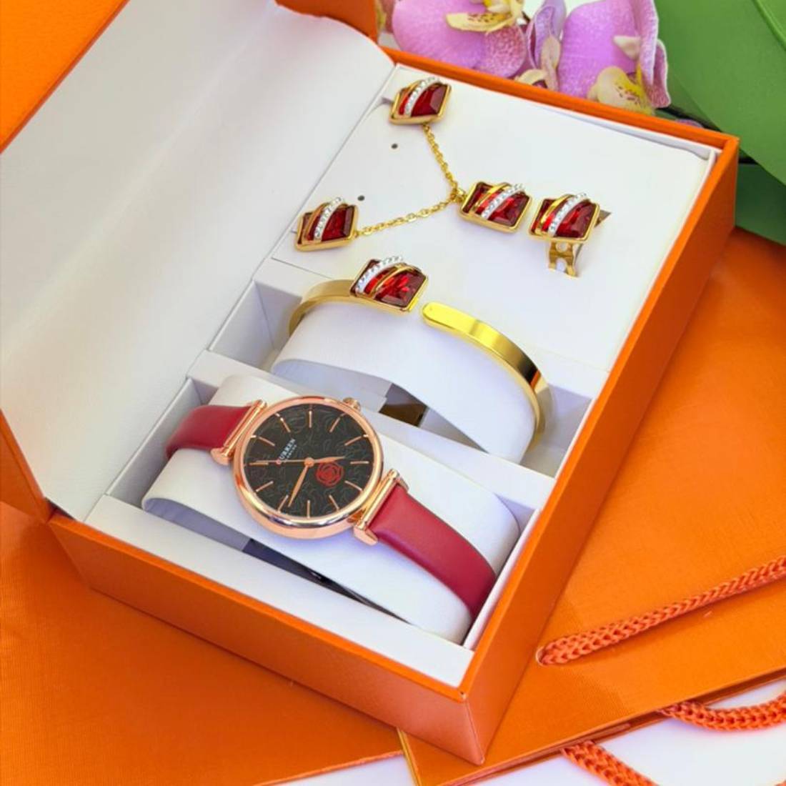 Coffret parure Curren - montre quartz et bijoux rubis or