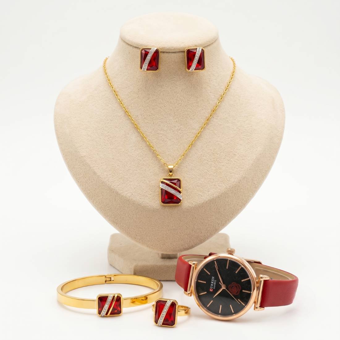 Coffret parure Curren - montre quartz et bijoux rubis or