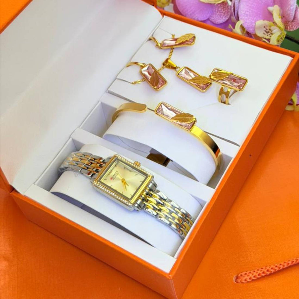 Coffret parure Curren – montre carrée bicolore et bijoux rose quartz