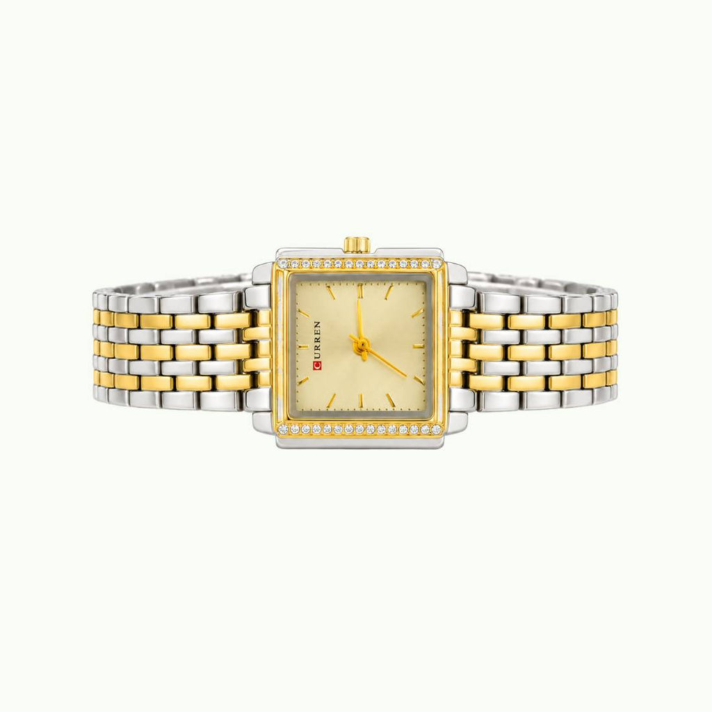 Coffret parure Curren – montre carrée bicolore et bijoux rose quartz