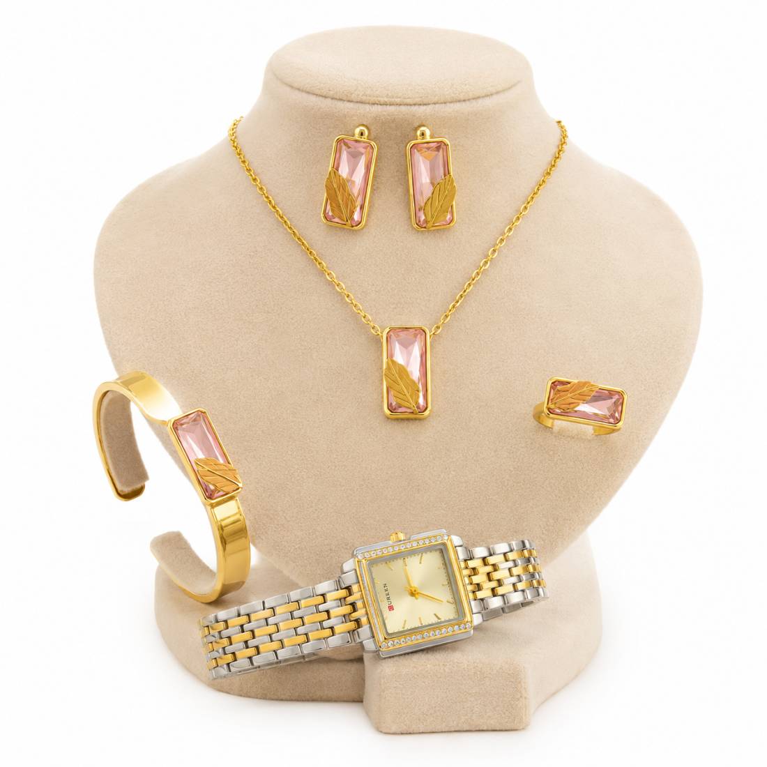 Coffret parure Curren – montre carrée bicolore et bijoux rose quartz