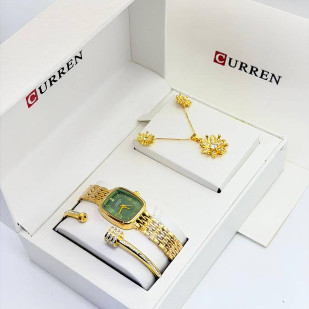 Coffret parure Curren – montre carrée or cadran vert et bijoux fleur cristaux