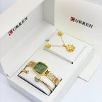 Coffret parure Curren – montre carrée or cadran vert et bijoux fleur cristaux