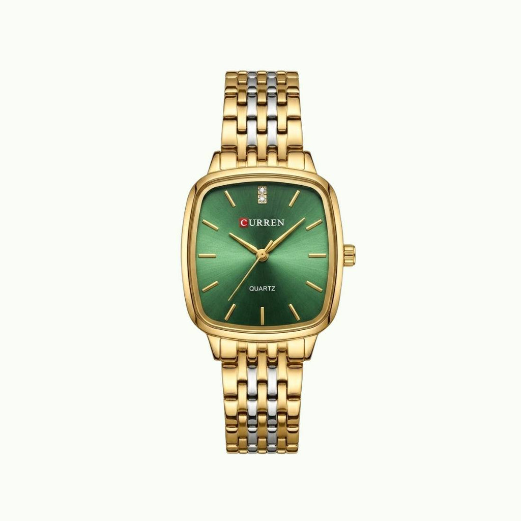 Coffret parure Curren – montre carrée or cadran vert et bijoux fleur cristaux
