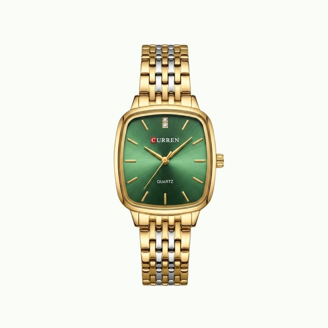 Coffret parure Curren – montre carrée or cadran vert et bijoux fleur cristaux
