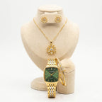 Coffret parure Curren – montre carrée or cadran vert et bijoux fleur cristaux