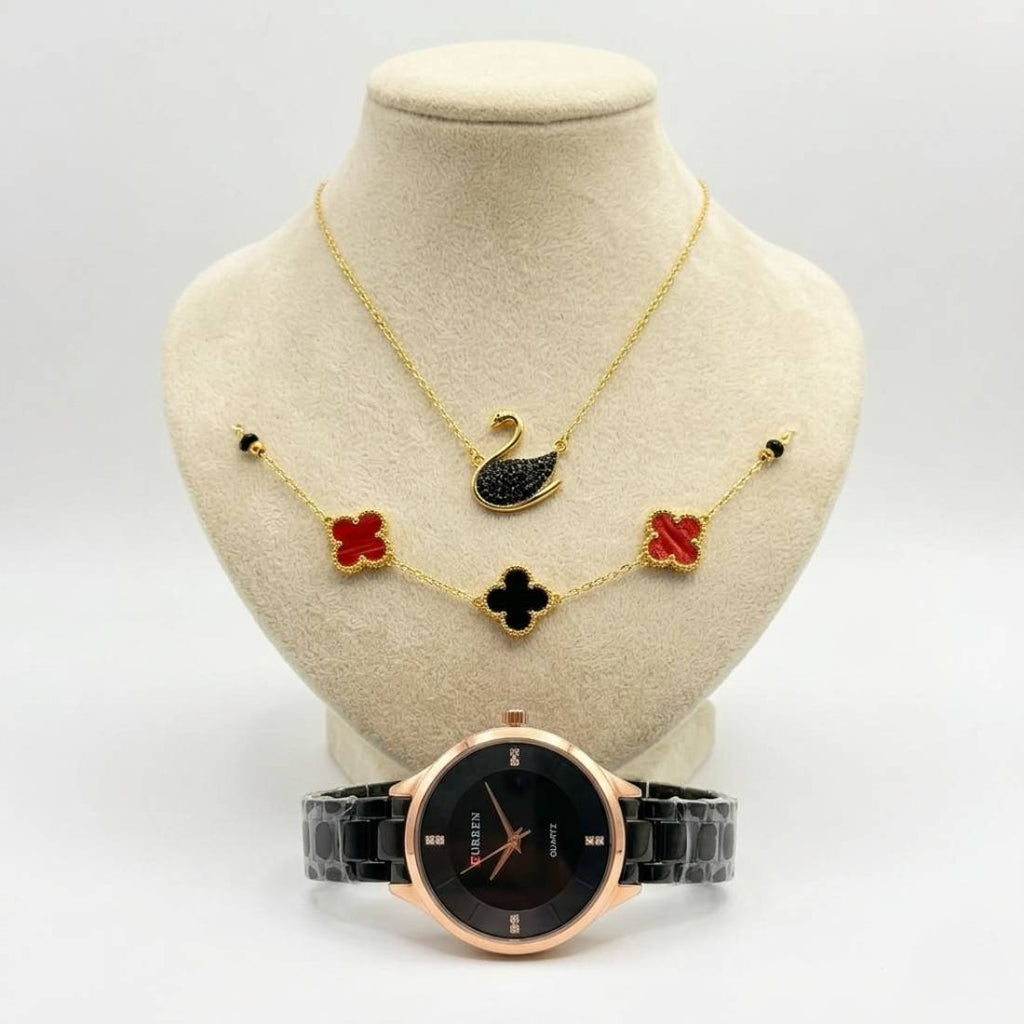Coffret parure Curren – montre noire or rose et bijoux trèfle rouge et cygne noir