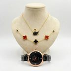 Coffret parure Curren – montre noire or rose et bijoux trèfle rouge et cygne noir