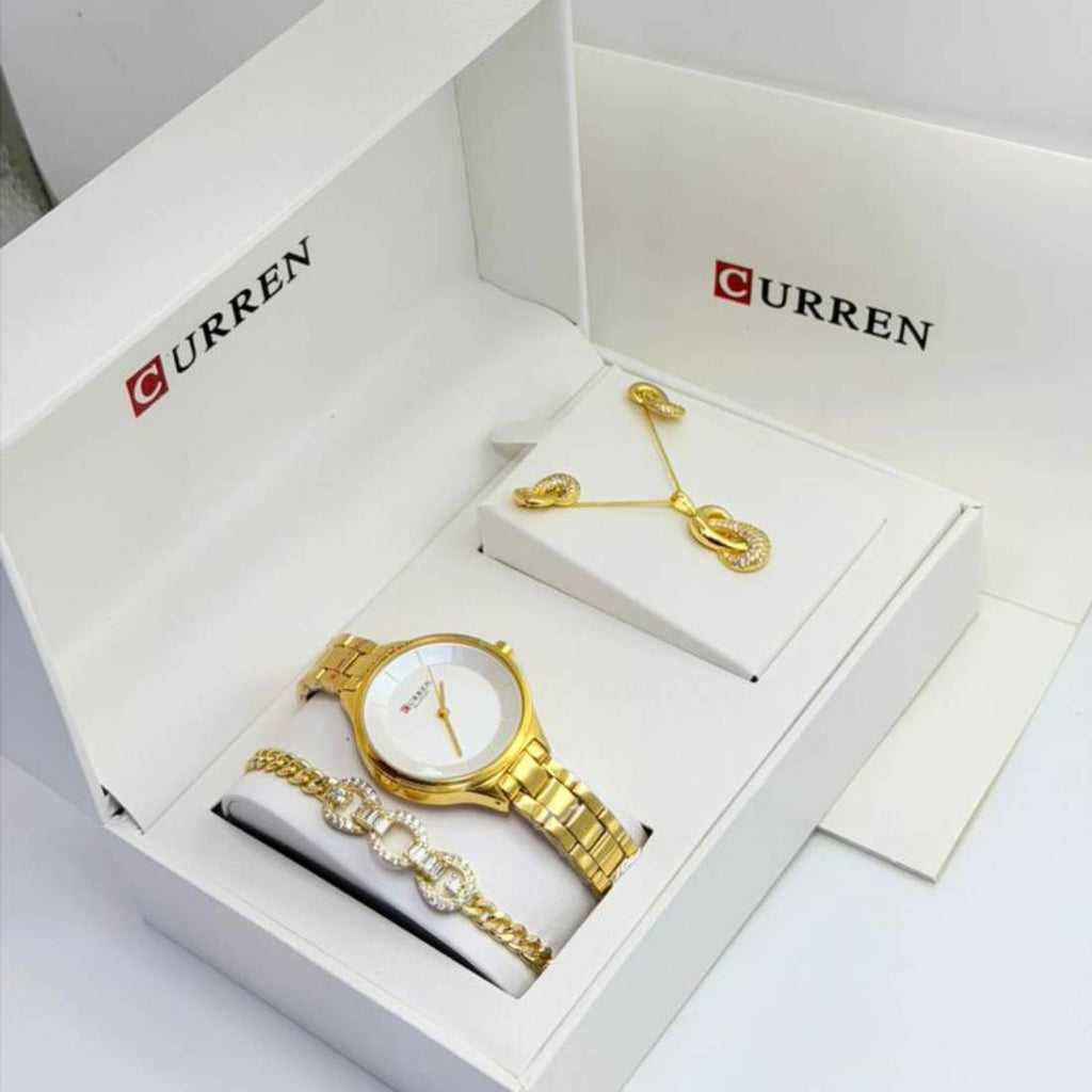 Coffret parure Curren – montre or cadran blanc et bijoux maillons cristaux