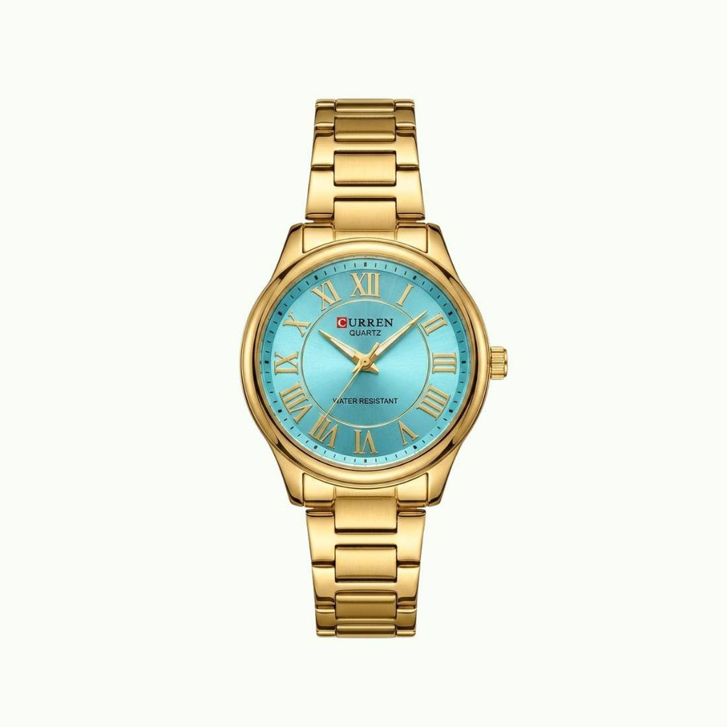 Coffret parure Curren – montre or cadran bleu turquoise et bijoux nacre