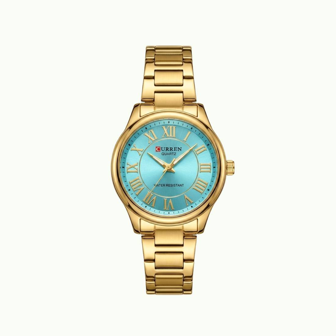 Coffret parure Curren – montre or cadran bleu turquoise et bijoux nacre