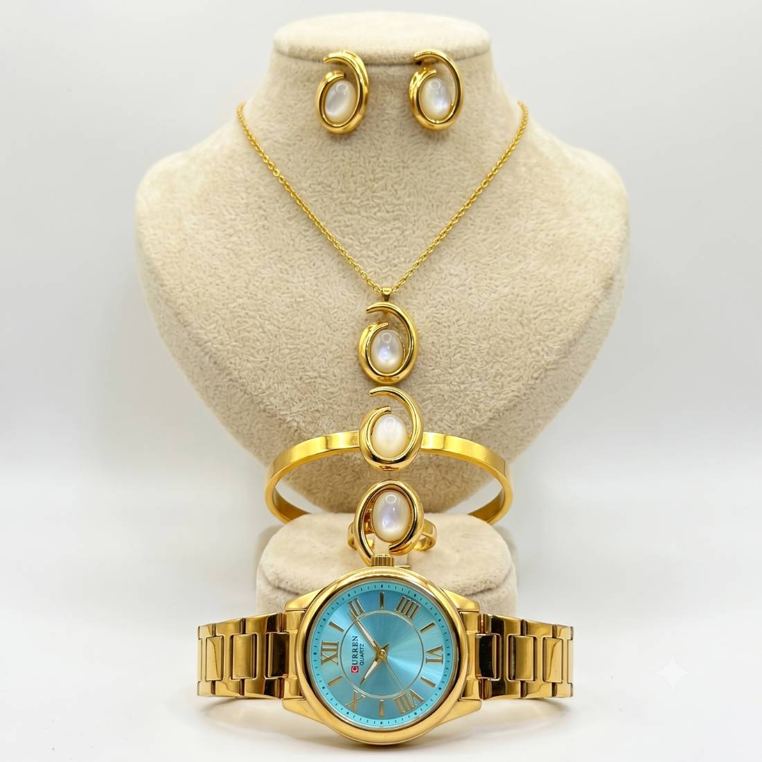 Coffret parure Curren – montre or cadran bleu turquoise et bijoux nacre