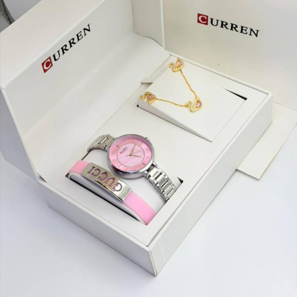 Coffret parure Curren – montre rose argentée et bijoux cygne cristaux