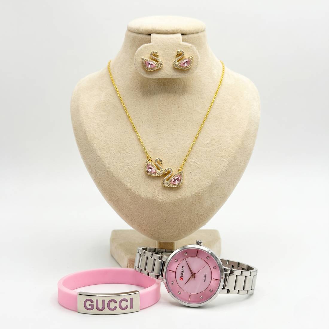 Coffret parure Curren – montre rose argentée et bijoux cygne cristaux
