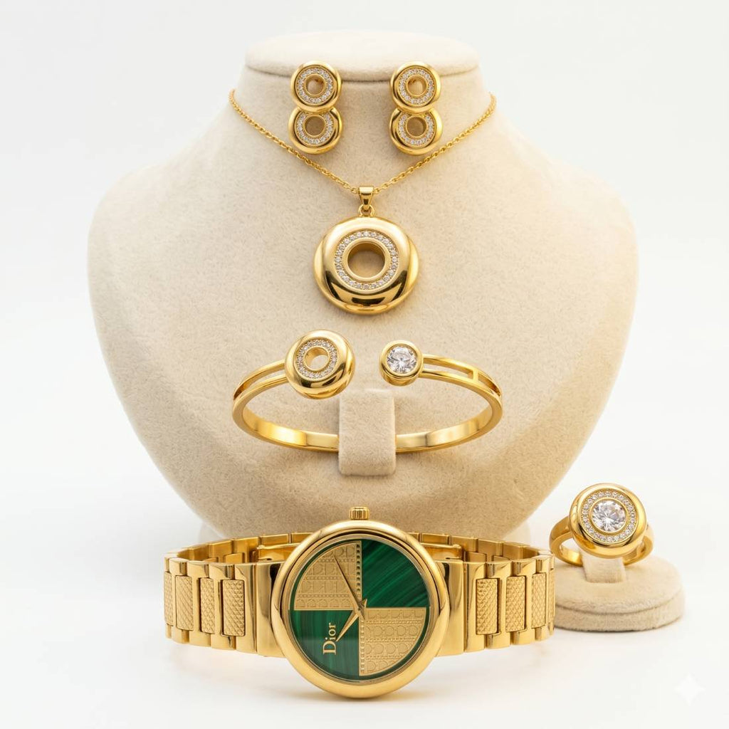 Coffret parure Dior - montre cadran vert malachite et bijoux or