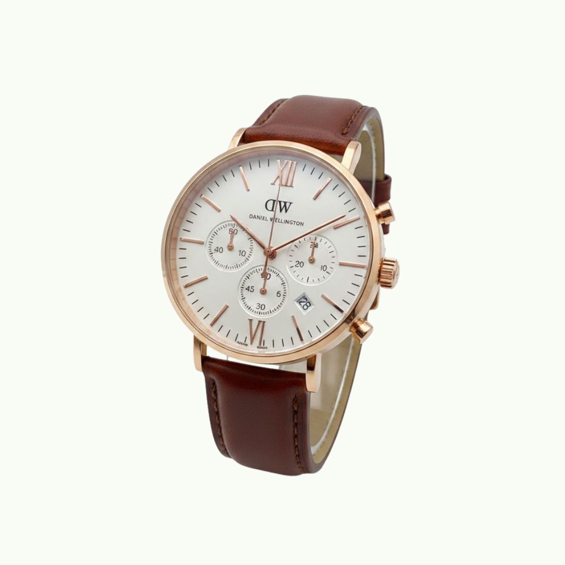 Daniel wellington chronographe or rose et bracelet cuir brun