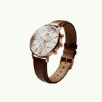 Daniel wellington chronographe or rose et bracelet cuir brun