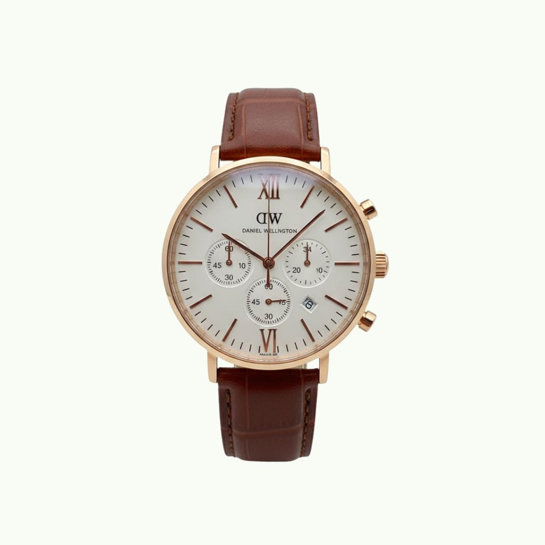 Daniel wellington chronographe or rose et bracelet cuir brun