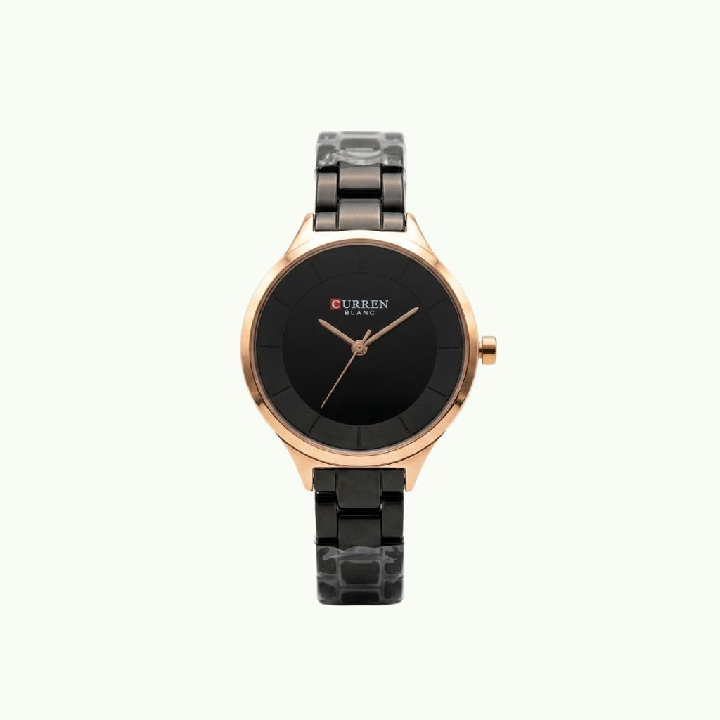 Montre Curren Blanche - bicolore or rose et bracelet noir et cadran noir