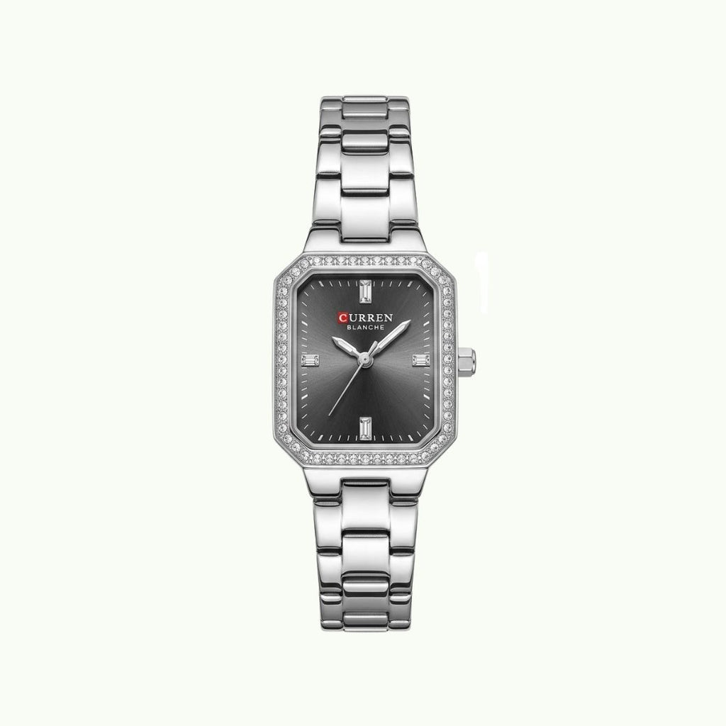 Montre Curren Blanche argentée cadran gris anthracite et boîtier octogonal cristaux baguette