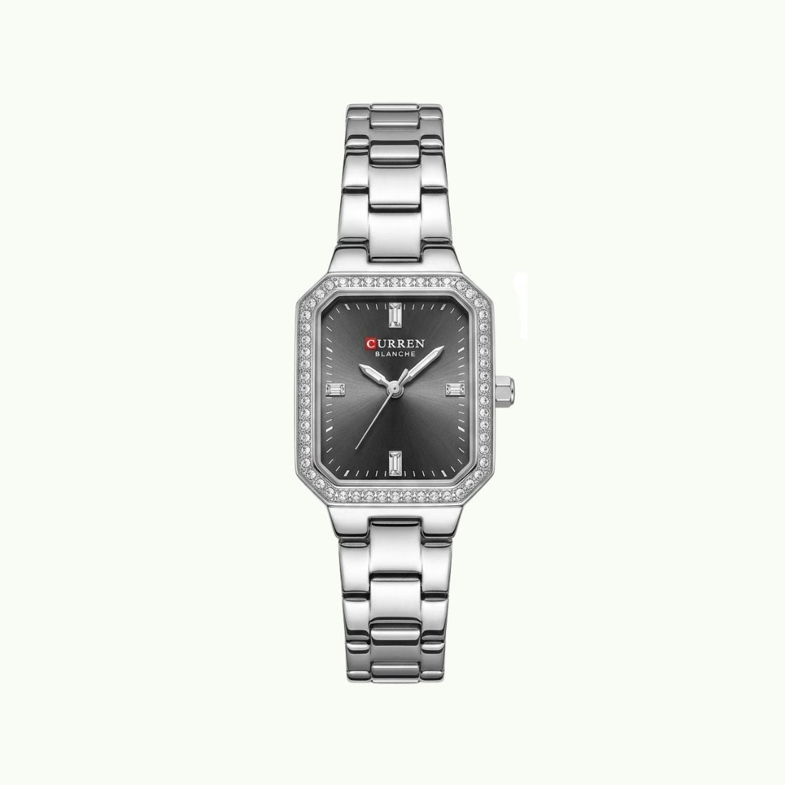 Montre Curren Blanche argentée cadran gris anthracite et boîtier octogonal cristaux baguette
