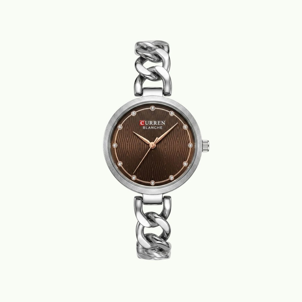 Montre Curren Blanche cadran chocolat – chain silver strass