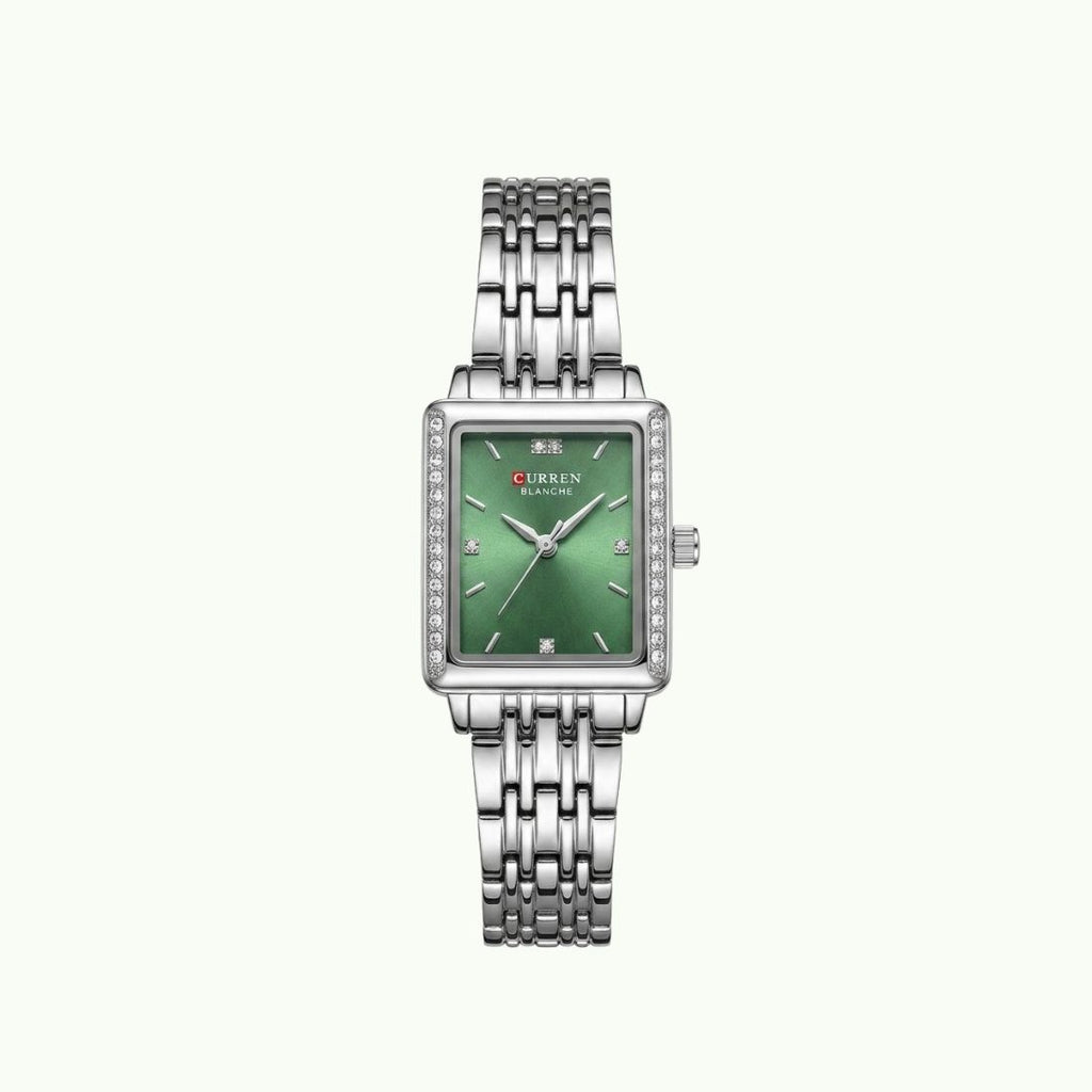 Montre Curren blanche argentée cadran vert jade et lunette cristaux