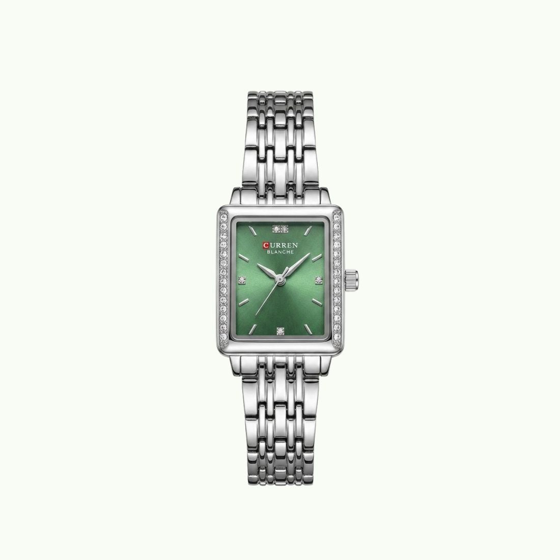 Montre Curren blanche argentée cadran vert jade et lunette cristaux