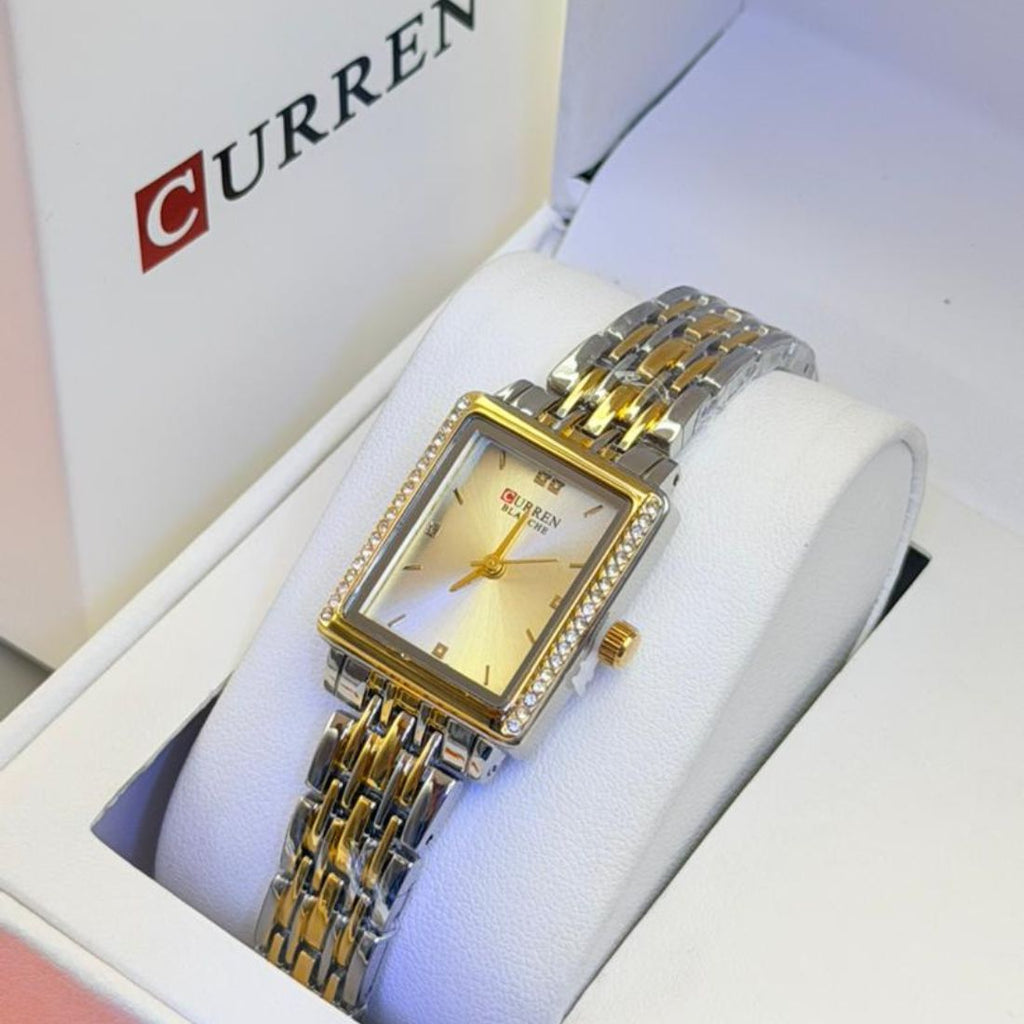 Montre Curren blanche bicolore or et argent cadran champagne cristaux