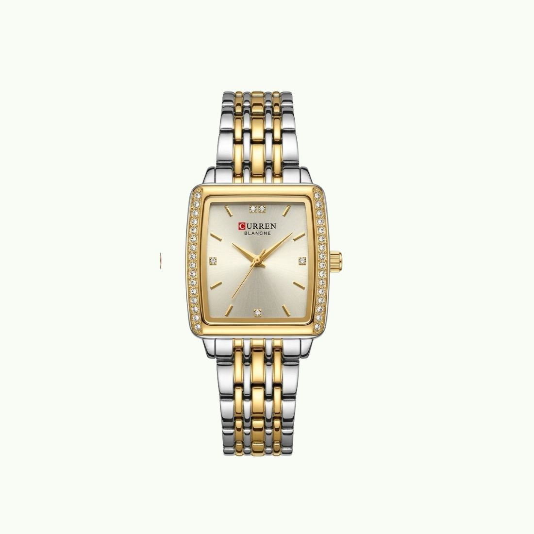 Montre Curren blanche bicolore or et argent cadran champagne cristaux