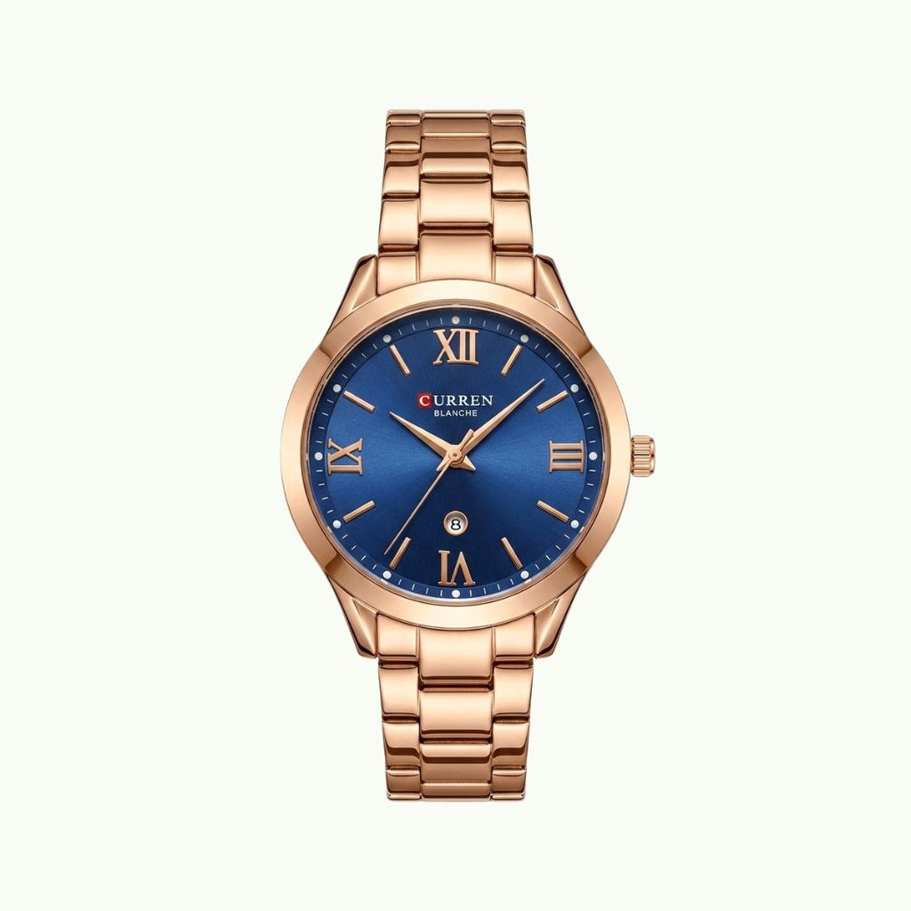Montre Curren blanche cadran bleu nuit bracelet or rose et date