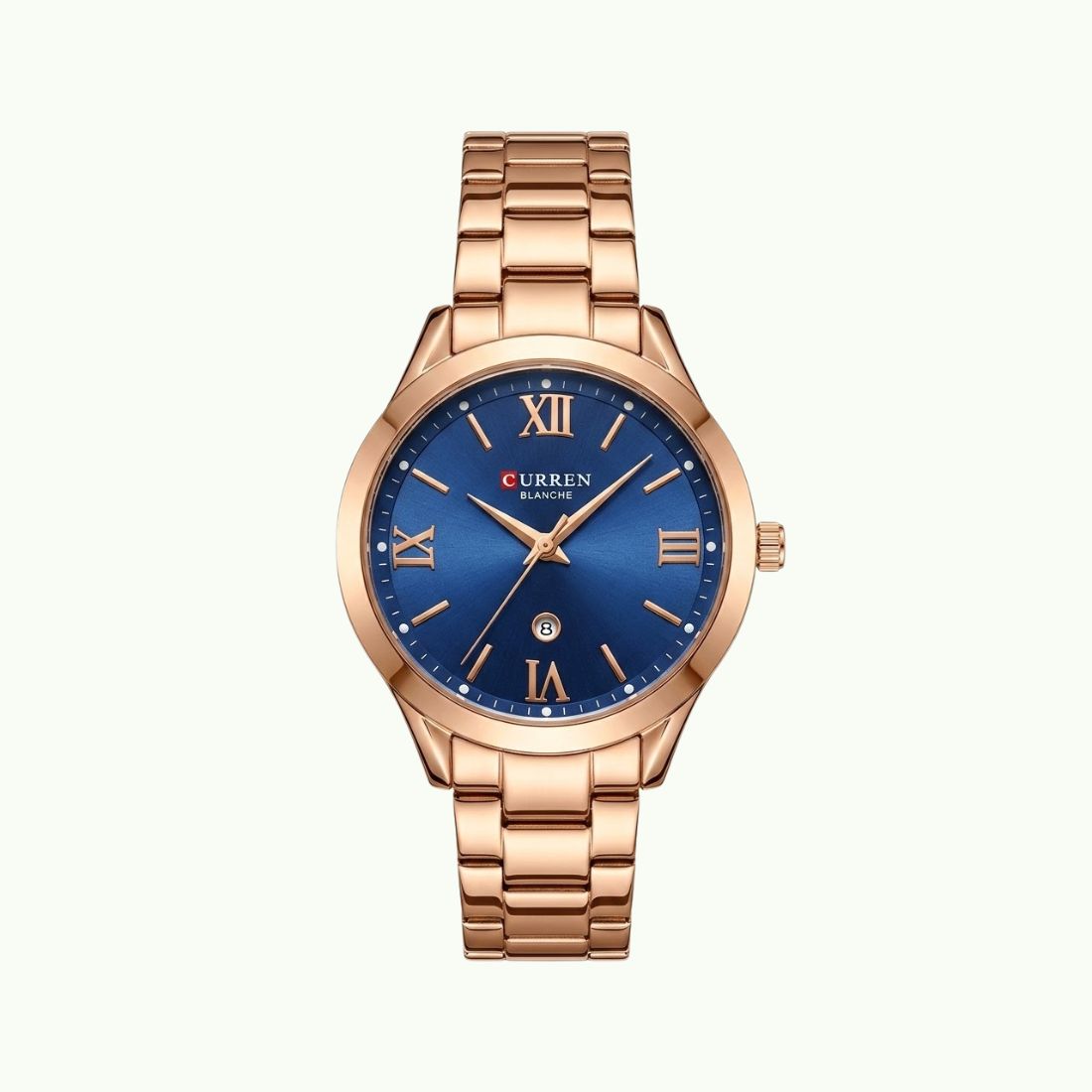 Montre Curren blanche cadran bleu nuit bracelet or rose et date