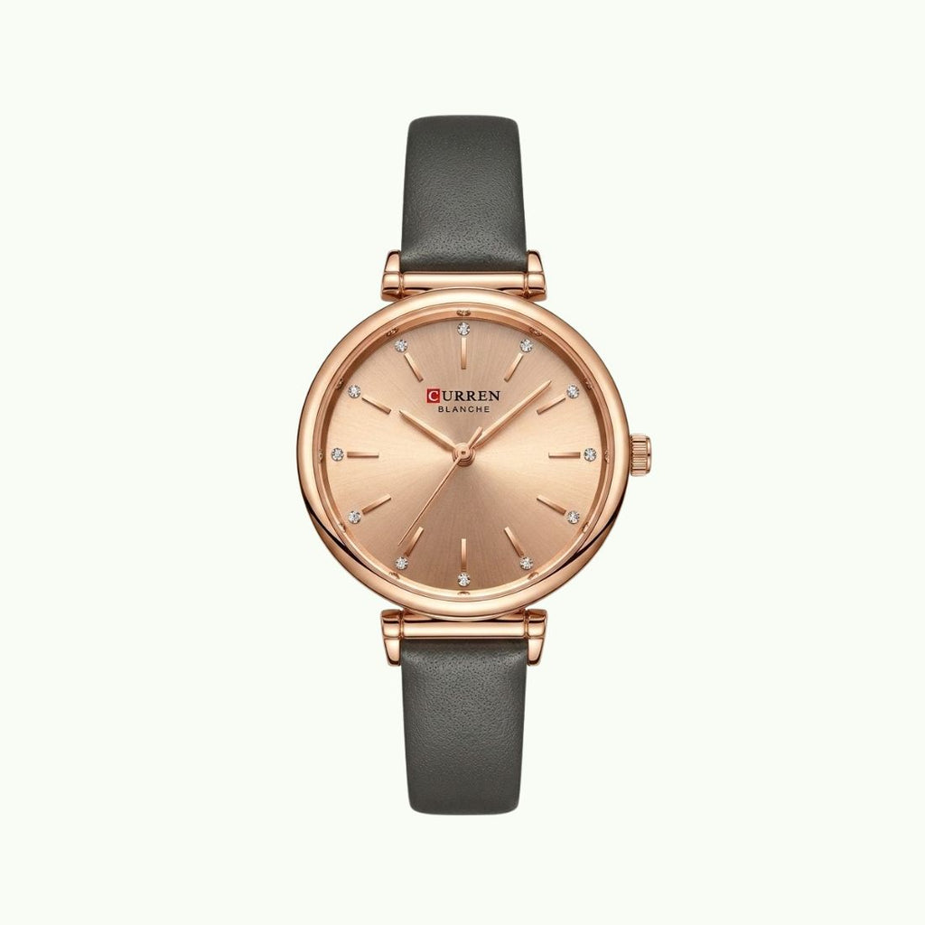 Montre Curren blanche cadran or rose strass bracelet cuir gris