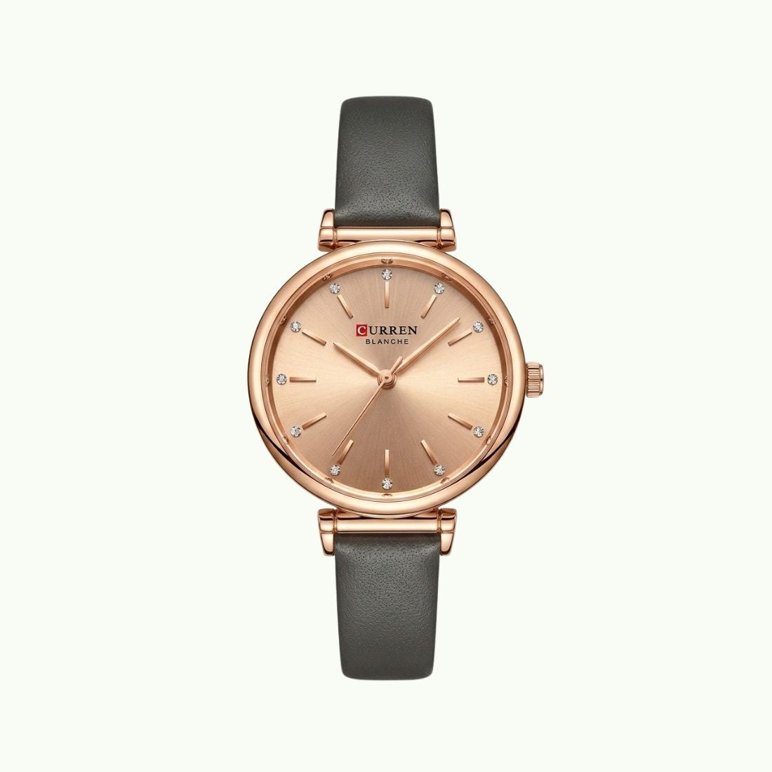Montre Curren blanche cadran or rose strass bracelet cuir gris