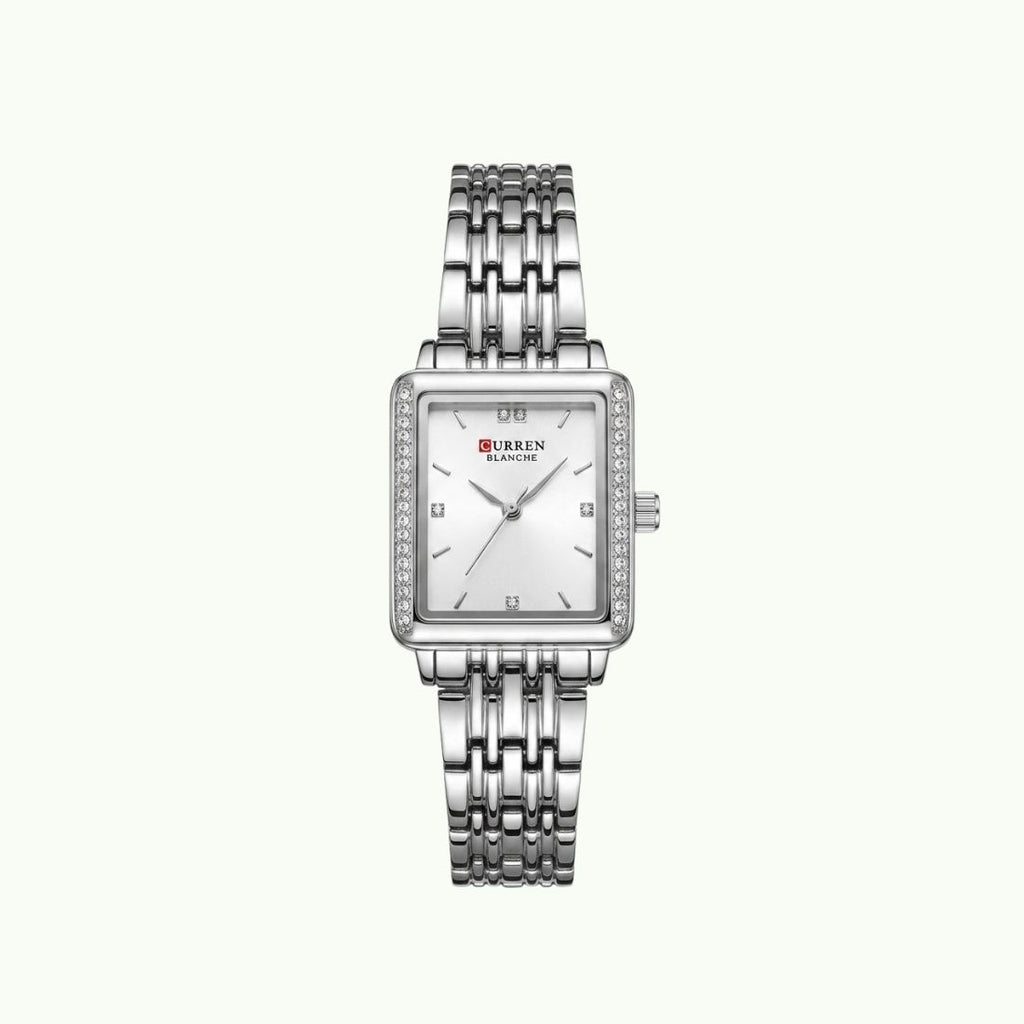 Montre Curren blanche carrée argent avec lunette strass