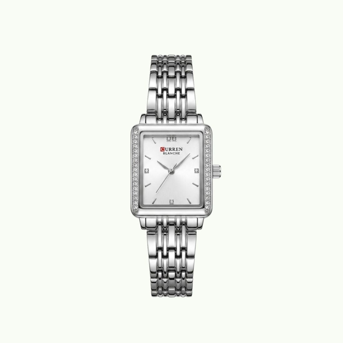Montre Curren blanche carrée argent avec lunette strass