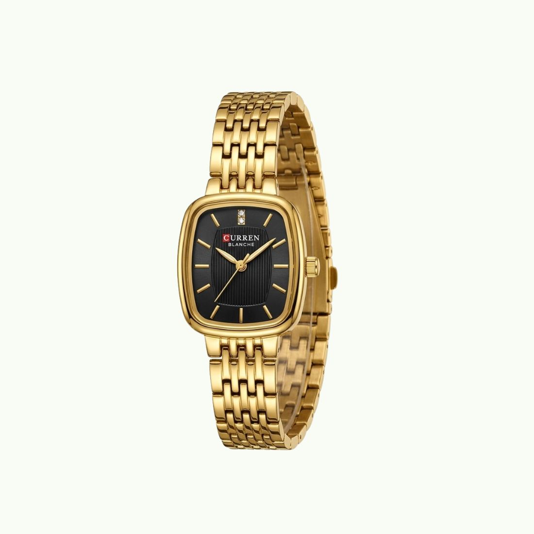 Montre Curren blanche or cadran noir texturé et cristal baguette