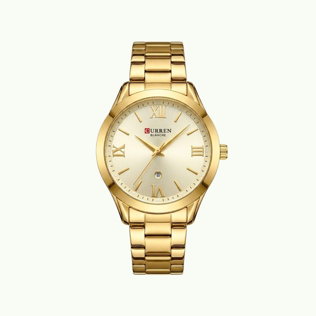 Montre Curren blanche or champagne  chiffres romains et date