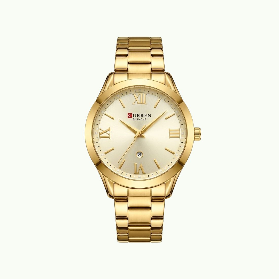 Montre Curren blanche or champagne  chiffres romains et date