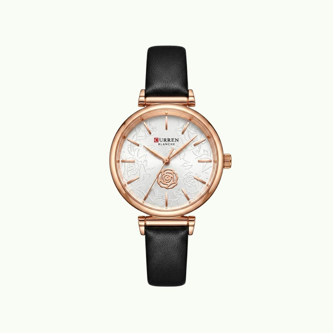 Montre Curren blanche or rose cadran floral et bracelet cuir noir