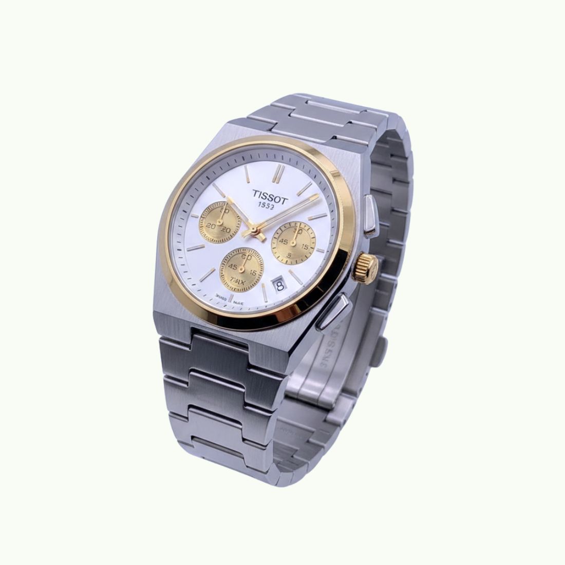 Tissot PRX chronographe bicolore acier or et cadran blanc