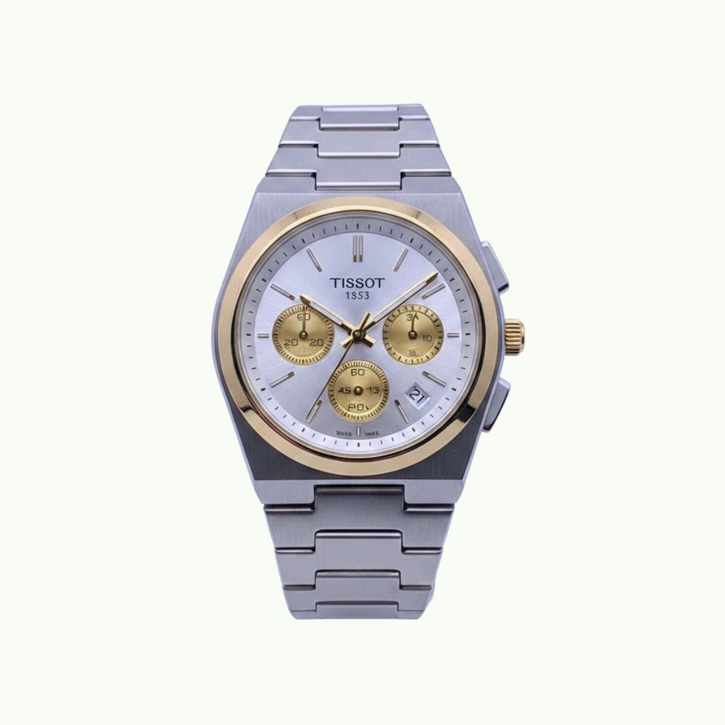 Tissot PRX chronographe bicolore acier or et cadran blanc